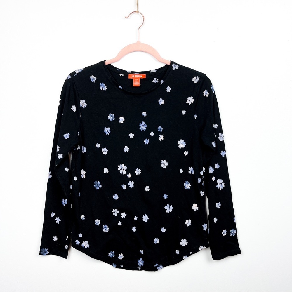 Joe Fresh Black Long Sleeve Tee with Blue Floral Flower Print